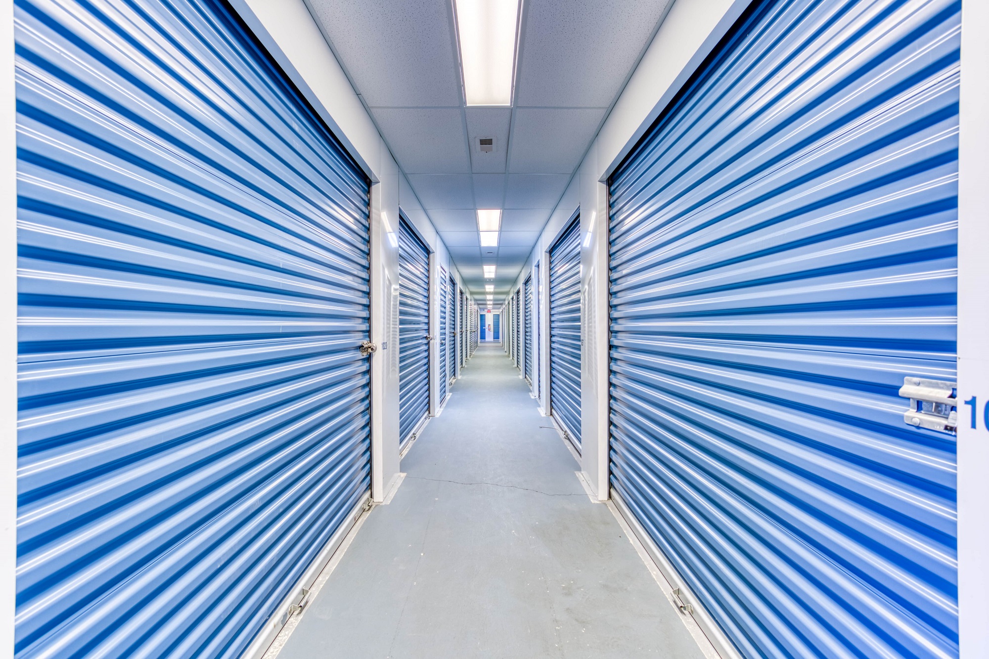 Indoor storage units with light blue doors