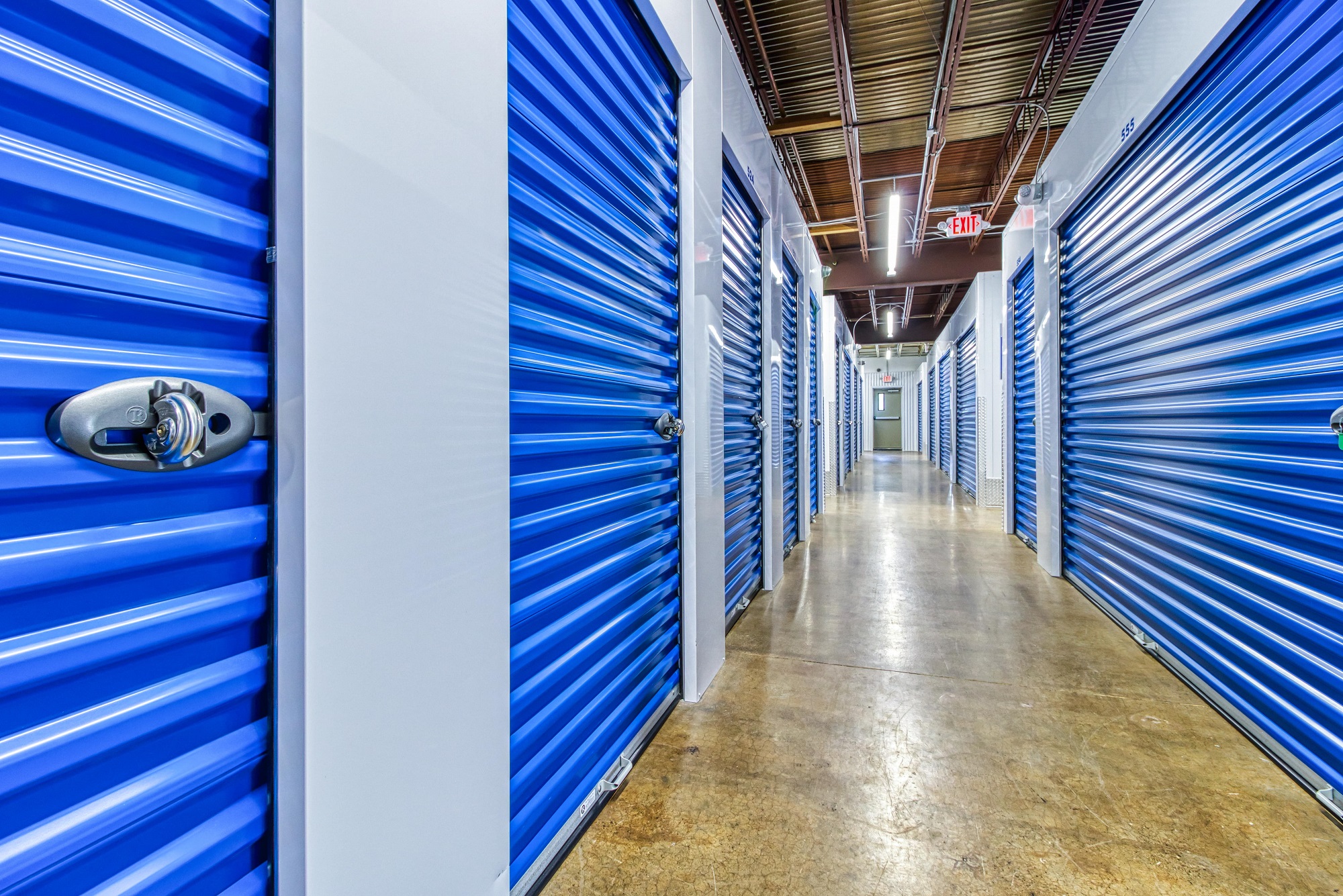Indoor storage units with blue doors