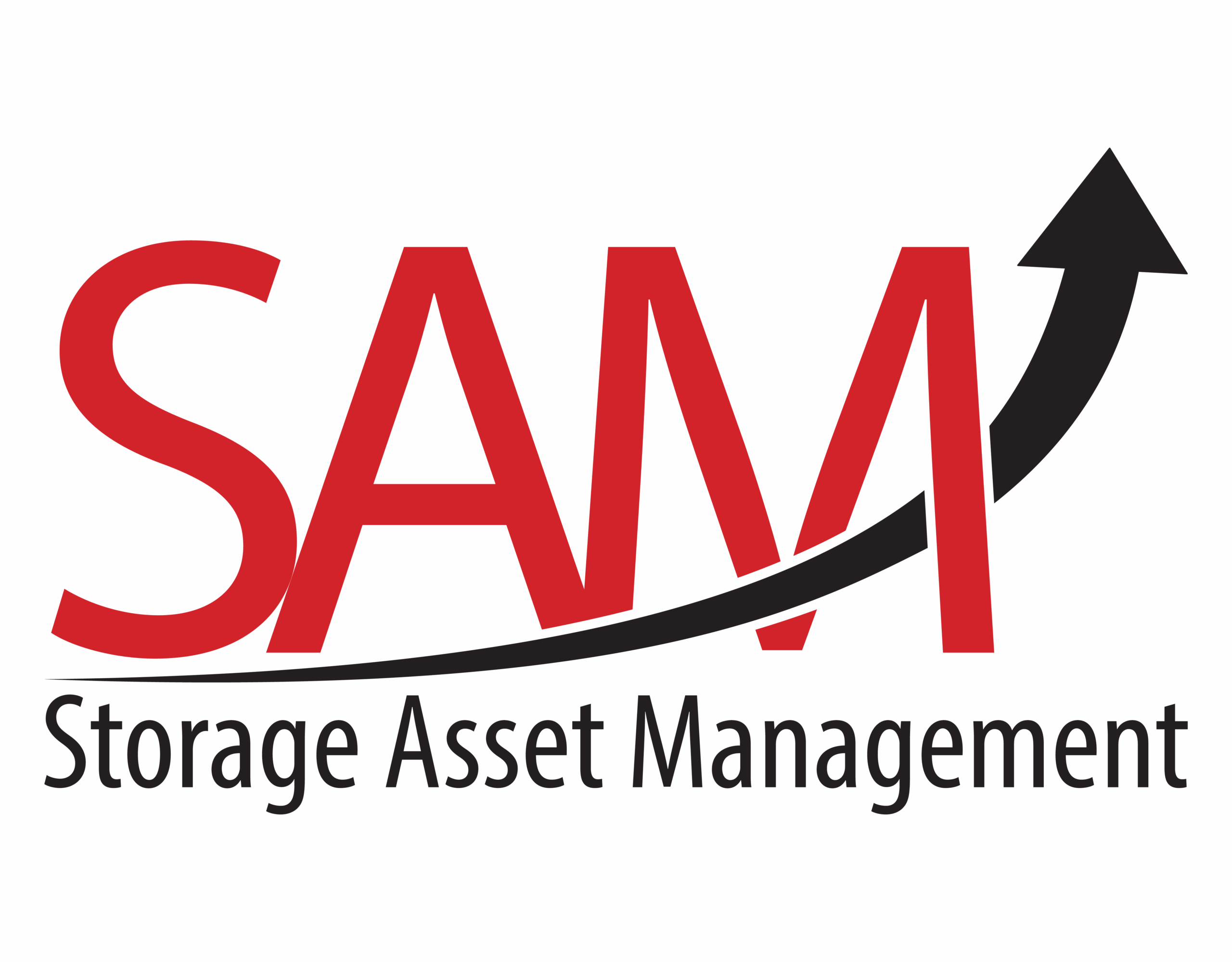 Storage Asset Management (SAM) logo - SAM with a curved upward arrow flowing up right