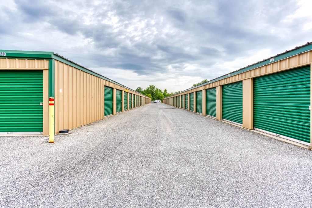 Drive Up Storage Units with green doors